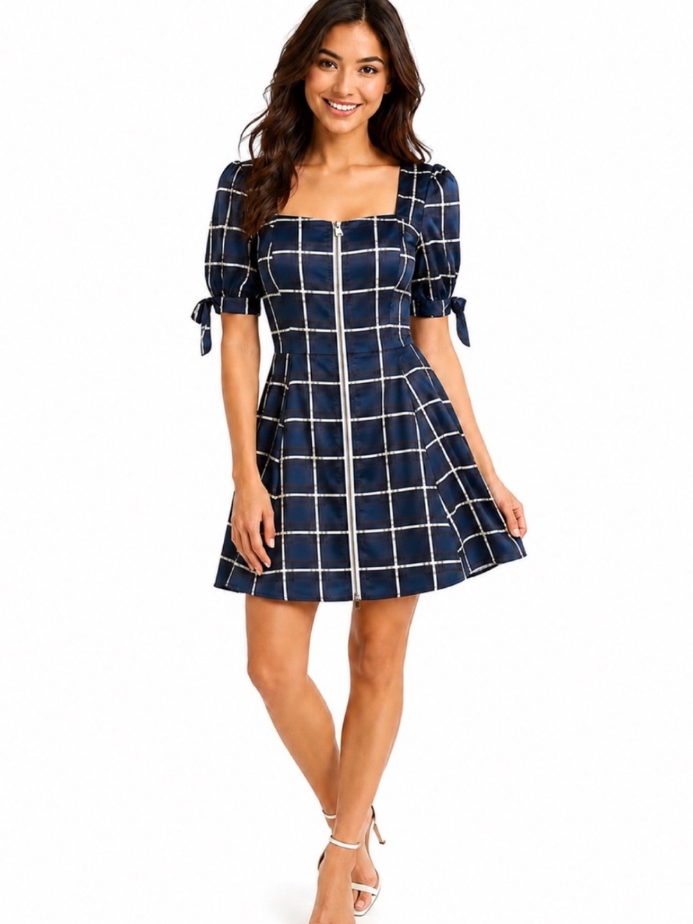 Aqua Bloomingdale’s Exclusive Navy Plaid Square-Neck Zip Front Mini Dress-Small